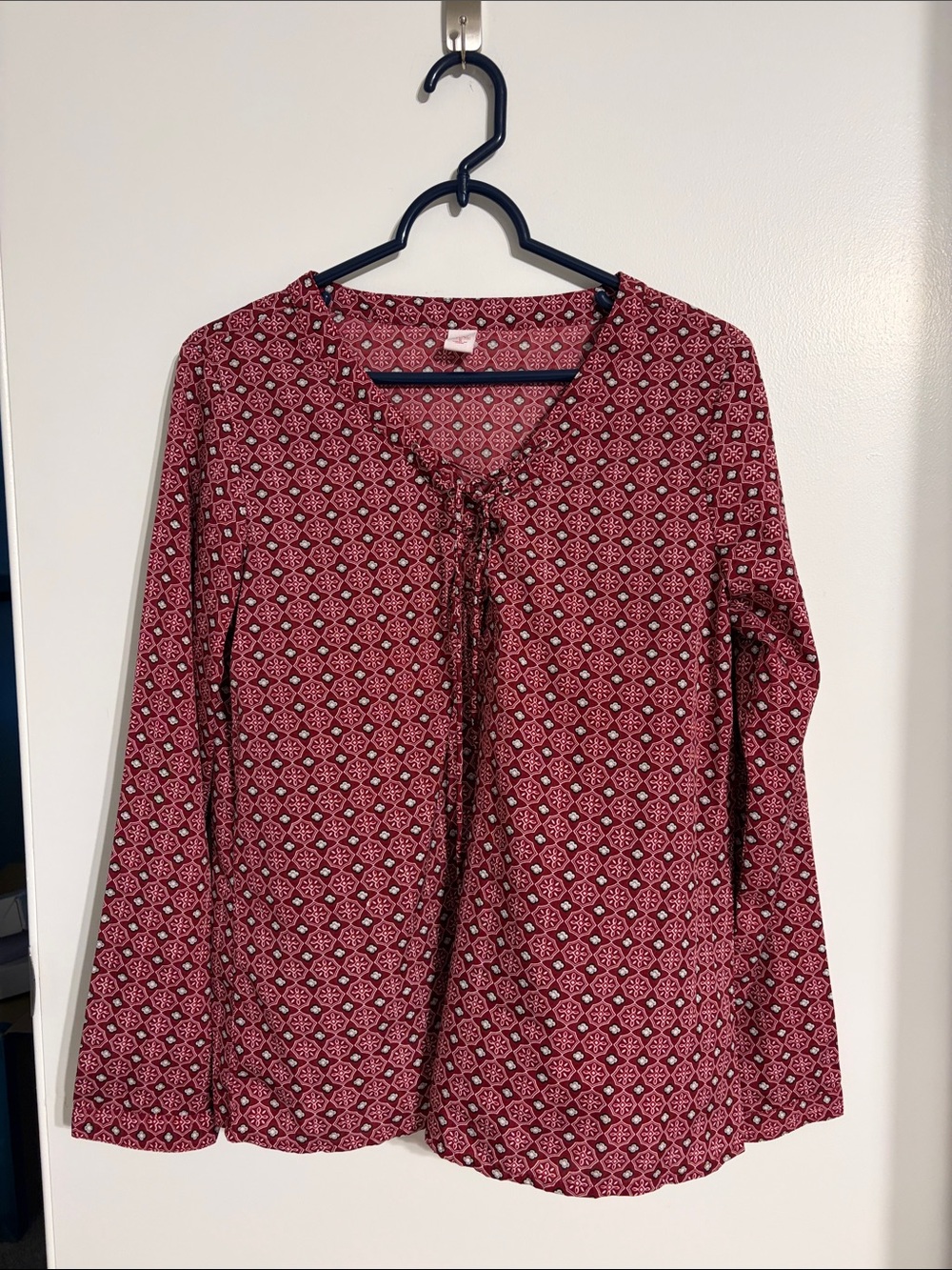 Long-Sleeve Burgundy Printed Tie-Neck Blouse